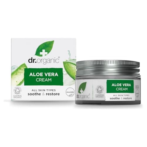 Dr Organic Aloe Vera Cream, Soothing, Mens, Womens, All Skin Types, Natural, Vegan, Cruelty-Free, Paraben & SLS-Free, Plastic Free, Recycled & Recyclable, Certified Organic, 50ml, Packaging may vary