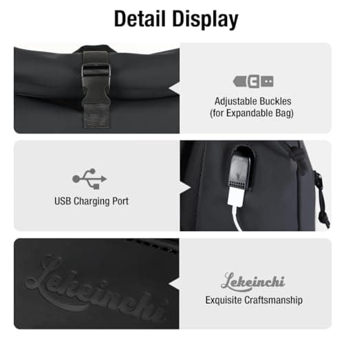 Lekeinchi Waterproof Laptop Backpack for Men and Women - Lightweight Roll Top Design for School, Travel, Business, Work, and Camping(Black) — view 6