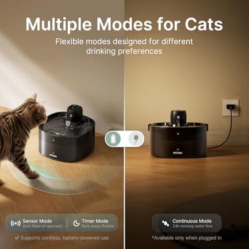 PETUNO Cordless Cat Water Fountain, 2.3L, Battery Operated, Black — view 5