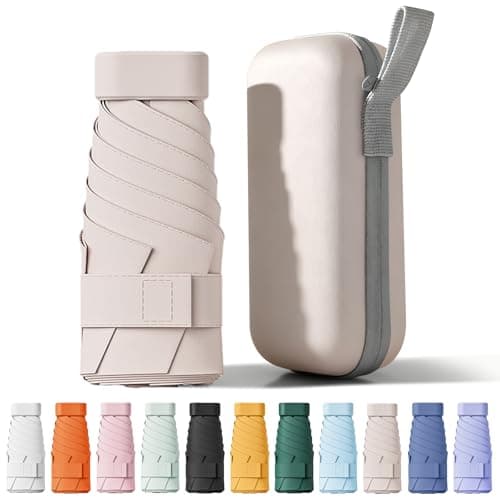 FWHFNB Travel Umbrella, Travel Mini Umbrella, Pocket Umbrella, UV Umbrella, UPF 50+, Portable Lightweight Compact, with Storage Box, for Men and Women (Beige)