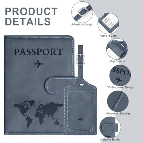 OFFCUP Passport Holder Cover, PU Leather Passport Cover and Luggage Tag Set with RFID Blocking Travel Wallet, Universal Travel Wallet Case Organiser for Money, Boarding Passes, Credit Cards Sea Blue — view 3