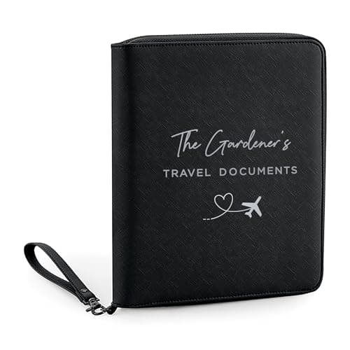 GiftsInaJiffy Personalised Travel Document Holder with Name, PU Leather Passport & Document Organiser, Zipped Travel Wallet for Couples, Honeymoon (Black)