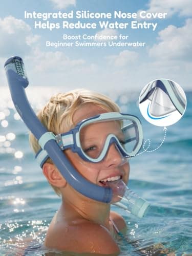 ACURE Kids Swim Goggles for Boys Girls Ages 3-14, Anti-Fog Snorkel Mask Set with Nose Cover and Fabric Strap Children Diving Mask in Swimming Pool for Youth (Blue & Mint/Blue, Mask & Snorkel Set) — view 2