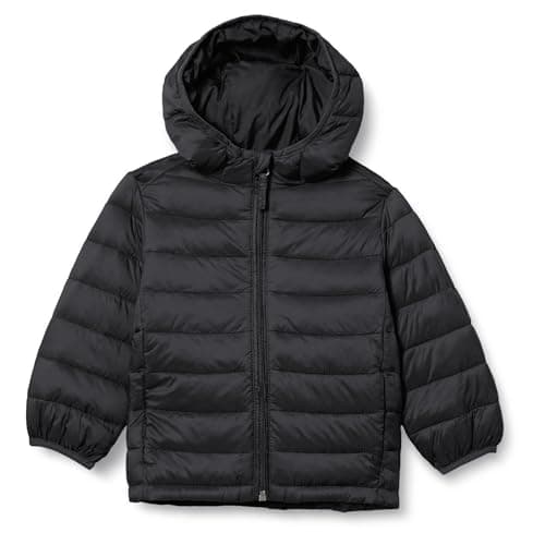 Amazon Essentials Boys' Lightweight Water-Resistant Packable Hooded Puffer Jacket, Black, 9 Years