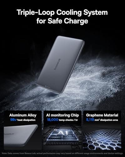 Baseus Picogo AM41 Power Bank, 0.3" Ultra Slim 5000mAh Magsafe Powerbank, PD 20W Fast Charging, Portable, Mini Wireless Magnetic Battery Pack with USB C Cable for iPhone 17 Air/16/15/14/13, Space Grey — view 3