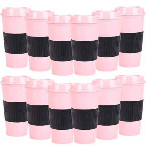 Yisituo Plastic Coffee Cups with Lids, 12 Pack 480ml Reusable Tumblers for Adults, for Hot & Cold Drinks, Microwaveable Travel Mugs (12, Pink)