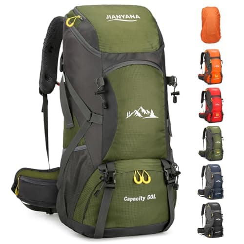 jianyana Hiking Backpack Waterproof 50L Foldable Rucksack Durable Lightweight Camping Bag with Rain Cover for Camping Trekking Hiking Walking Cycling Climbing Outdoor Sports for Women Men(ArmyGreen)