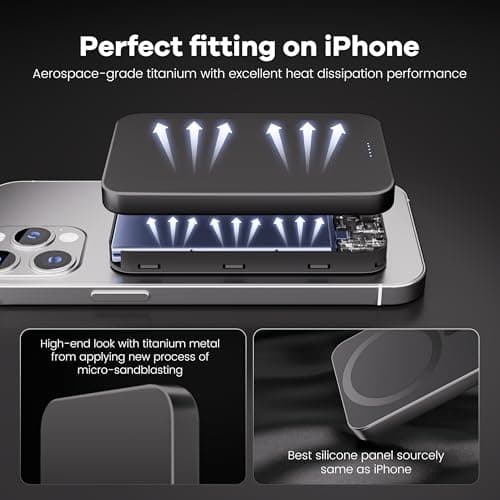 Kstime Magnetic Power Bank, 10000mAh 14mm Ultra Thin Titanium Design PD20W Wireless Portable Charger with USB-C Input and Output Compatible with iPhone 17/16/15/14/13/12 Series (Silver) — view 6
