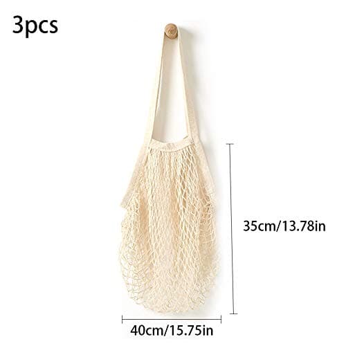 Pveath 3 Pack Grocery Mesh Bags Portable/Reusable/Washable Organic Cotton String Shopping Bags Produce Net Tote Bags with Short Handle Shopping Handbag for Fruit Vegetable Storage (White) — view 2