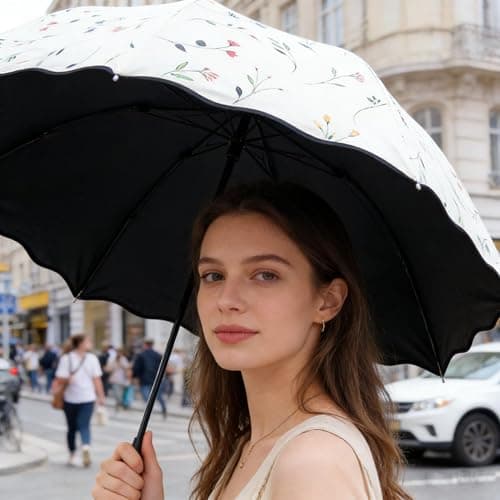 Mounteps Women's Folding Floral Sun Umbrella Portable UV Protection Ladies Sun Parasol Windproof Strong Compact Umbrella Summer UPF 50+ Lightweight Travel Garden Sun Rain Umbrellas (White) — view 6