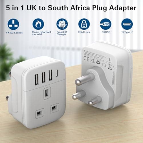 Amoi UK to South Africa Plug Adapter,Grounded Type M South Africa Plug Adapter, with 4 USB Ports 17W USB C Fast Travel Charger, Africa,Namibia, Swaziland, Lesotho, Bhutan,Botswana(Type M) — view 2