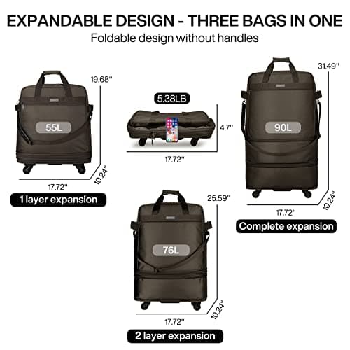 Hanke Expandable Large Suitcase 4 Wheels Lightweight Collapsible,Foldable Suitcases &Travel Bags Hand Luggage Extend 20/24/28 inch Suitcases Duffel Bag Without Telescopic Handle for Men & Women,Coffee — view 2