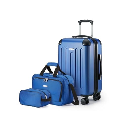 Amazon Basics Hardside Carry-On Spinner Luggage Set, 3-Piece, Carry-On Suitcase, Tote Bag, Compact Travel Bag, Expandable, 4 Spinner Wheels, Navy Blue