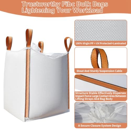 10 Pack FIBC Bulk Bag Uv Resistant Waterproof,1.5 Ton Bag 35"L x 35"W x 43"H, 3300lbs SWL,Duffle Top Flat Bottom,Woven Polypropylene Bags Heavy Duty Bulk Bags for Industry Agriculture Construction. — view 2