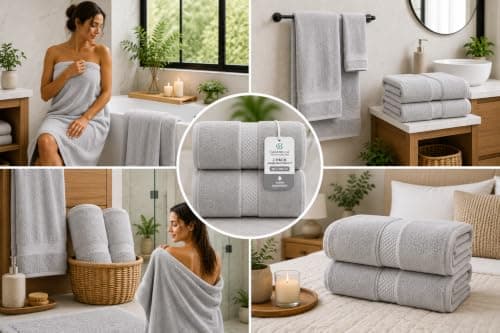 Casabella CB 2 Piece Jumbo Bath sheets 100% Combed Cotton Extra Large Bath Towel bale set super Absorbent Soft Silver 2 Pack 90X180 CM Bath sheets Extra Large Bathroom Set Beach Towel — view 3