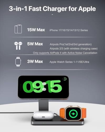 3 in 1 Wireless Charging Station for Apple Devices, Magnetic Foldable Travel Fast Charger Stand Compatible with MagSafe for iPhone Air/17/16/15/14/13/12 Series, Apple Watch & AirPods Pro/4/3/2-Black — view 6