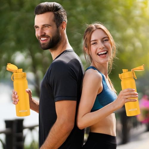 GOPPUS 600ml/20oz Insulated Water Bottle with Spout Lid (No Straw) Leakproof Stainless Steel Sports Bottle with One Hand Open Lid Double Wall Flask with Handle Keeps Drinks Cold BPA Free (Yellow) — view 6