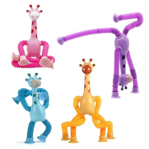 4 Pcs Telescopic Suction Cup Giraffe Toy, Giraffe Telescopic Sensory Toy, Kids Suction Cup Toys, Educational Gift for Toddlers and Children(Blue, Pink, Yellow, Purple)