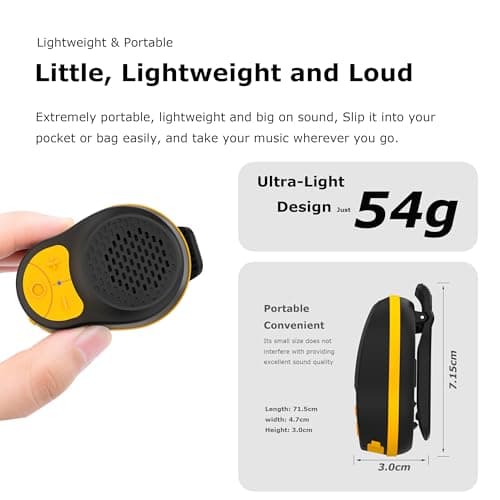 SOFAMIRI Wearable Bluetooth Speaker Clip On, Mini Portable Wireless Speaker with Mic, IPX5 Waterproof, All Day Playtime, Lightweight Small Speaker for Workout Running Sports Travel (Black+Orange) — view 3
