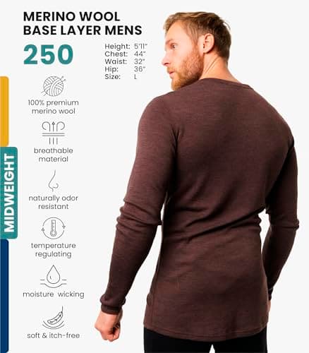 100% Merino Wool Base Layer Men - Long Sleeve Thermal Shirt + Hiking Socks (X-Large, 250 Chocolate) — view 2