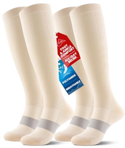 PULIOU Compression Socks for Women and Men, 20–30 mmHg Graduated Compression, All-Day Comfort Circulation Knee High Flight Socks for Flying, Travel, Sport, Nurses, 2 Pairs, Beige S-M