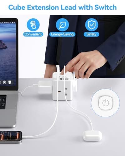 Extension Lead with USB Slots, 3 Way Cube Extension, White — view 4