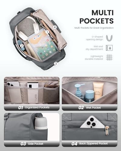 LOVEVOOK Travel Gym Bag for Women - Waterproof Overnight Holdall Duffel with Toiletry & Shoe Compartments, Wet Pocket, Cabin Flight Bag for Sports Trips, Grey — view 3