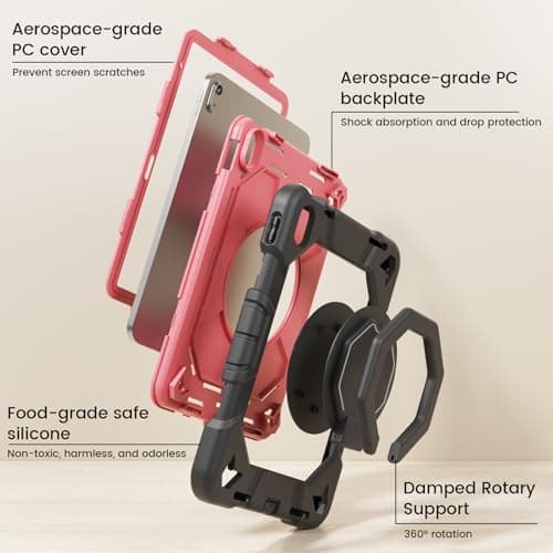 KVTVOU Shockproof Case for NEW iPad Air 11 Inch 2026/2025/2024 (M4/M3/M2), 360° Rotating Stand/Pencil Storage/Shoulder Strap, Military Grade Drop Protection Cover for iPad Air 11, Fuchsia — view 3