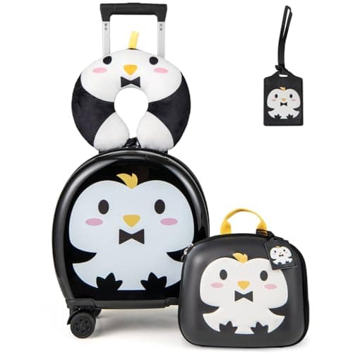 GYMAX 4Pcs Kids Luggage Set, 10” Backpack & 14” Children Hardshell Suitcase with Wheels, Neck Pillow & Name Tag, Toddler Carry On Luggage Set for Travel School (Black+White)