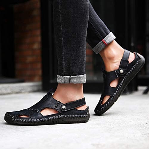 Summer Men'S Casual Leather Sandals, Outdoor Beach Shoes Leather Outdoor Hiking Sandals Closed Toe Casual Walking Sandals Beach Summer Sandals For Hiking Trekking Breathable Travel Slippers — view 2