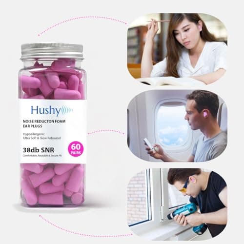 Hushy Premium Earplugs -120-Pack Foam Earplugs for Sleep, Noise Cancelling Ear Plugs with 38dB SNR, Ultra Soft Hypoallergenic Ear Plugs for Sleeping, Study & Travel (Dark Pink, One Size) — view 4