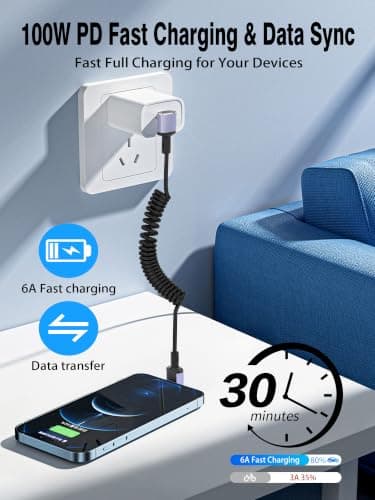 YACSEJAO USB C Coiled Cable 90 Degree 100W Fast Charging Retractable — view 2