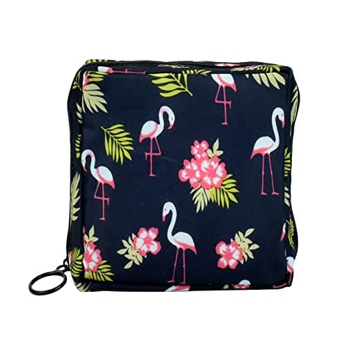 JUNFEIXUAN Sanitary Napkin Storage Bag Menstrual Cup Pouch Portable Pads with Zipper Feminine Menstruation First Period Bags for Teen Girls Women Ladies. (Black - Flamingo)