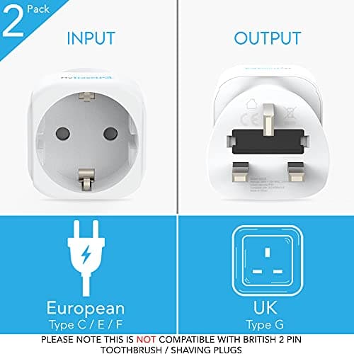 MyTravelPal EU to UK Plug Adapter (2 Pack) | Europe Schuko 2 Pin to 3 Pin — view 2