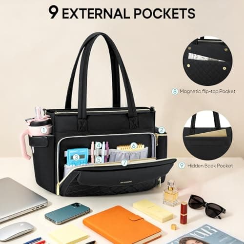 RAINSMORE Laptop Tote Bags for Women 15.6 Inch Teacher Work Bag, Black — view 5