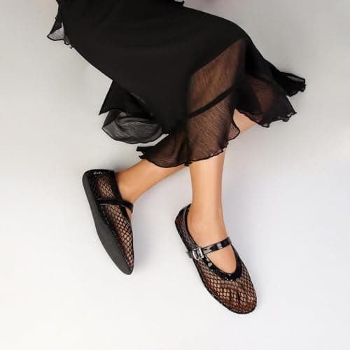 HiGropcore Mesh Ballet Flats Women, 2024 New Strappy Fishnet Buckle Flats, Sexy Mary Jane Ballerina Shoes Comfortable Dress Shoes Slip-on Loafers — view 3