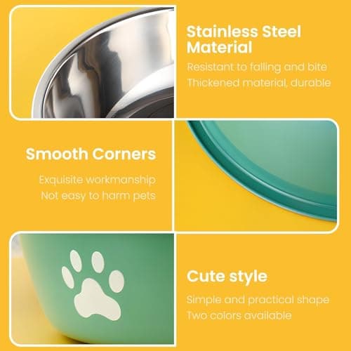 Dog Bowls 2 Pack, 450ml Stainless Steel Dog Food and Water Bowls with Non Slip Rubber Base, Small Dog Bowl Set for Puppies, Cats and Small Pets, Easy to Clean, Pink and Green — view 4