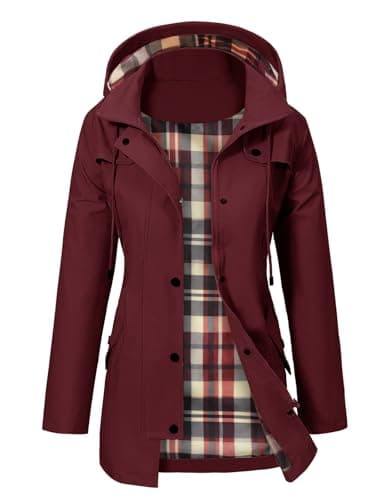 PASUDA Women's Waterproof Jacket Long Rain Coats Hooded Rain Jacket with Pockets Lightweight Windbreaker Raincoat Functional Trench Coats Hiking Running Camping Outdoor Coats (Burgundy Red, XL)