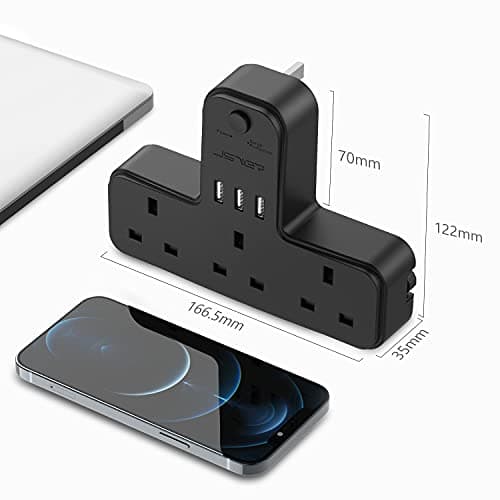 Plug Adaptor UK 3 Way, JSVER Plugs Extension Sockets with 3 USB Slots(5V/2.4A) Wall Socket Extension 13A for Home, Office, Kitchen,Black — view 5