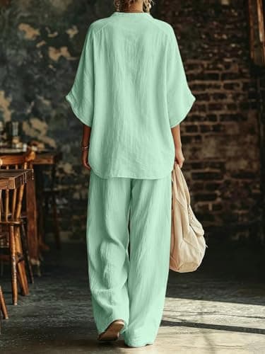 Two Piece Sets for Women Linen Co Ord Set V Neck Batwing Sleeve with Wide Leg Pants Casual Summer Loungewear Co Ord Sets Relaxed Fit Travel Two Piece Set Mint Green XXL — view 3