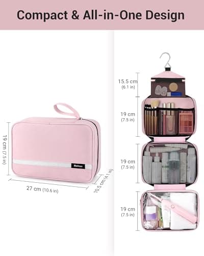 Maliton Hanging Toiletry Bag, Large Wash Bag for Women, Foldable Travel Toiletry Bag with 4 Compartments, Travel Essentials for Business Trip, Vacation and for Shower Bag, Light Pink — view 3