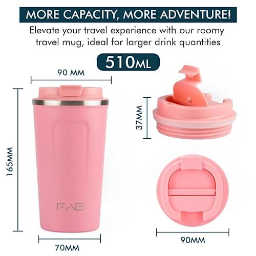 FAB Travel Mug, Reusable Coffee Cup (510ml, Pink) - Double Wall Stainless Steel with Screw Lid - Thermal Camping Cup, Vacuum Insulated for Hot and Cold Drinks, Eco-Friendly — view 2