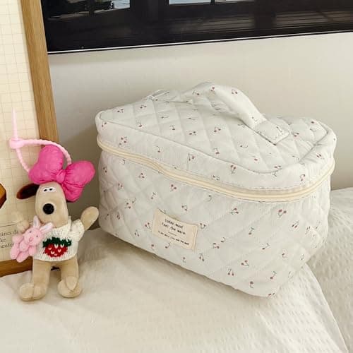 Aucuu 3PCS Coquette Makeup Bag, Quilted Makeup Bag for Women, Floral Cotton Cosmetic Bag Set, Large Capacity Aesthetic Floral Toiletry Bag, Travel Toiletry Bag, Wash Organizer Pouch for Women Girls — view 6
