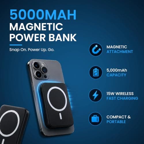 O’Bian 6-in-1 Phone Accessories Kit, 5000mAh Magnetic Power Bank, Wireless Bluetooth Earbuds, 20W Fast Charging UK Plug, USB-C Cable, Magnetic Charger, Travel Essentials for iPhone Samsung (Black) — view 3