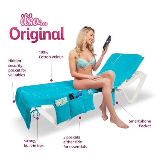 ITSA Velour Beach Towel with Pockets & Handles | 100% Cotton Foldable Sun Lounger Cover | Carry Bag | Secure Storage Beach Towel (Turquoise) — view 3