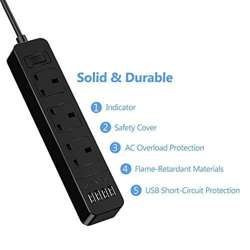 JSVER Extension Lead with 4 USB Ports Desktop Power Strip Smart Charging Station 3 Outlets USB Power Socket for Home Travel, Black — view 5