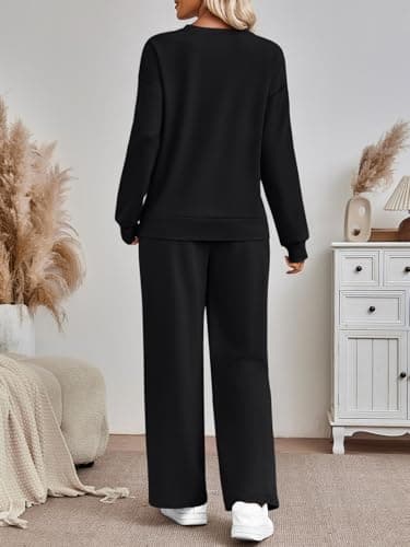 AUTOMET Womens Sweatsuits 2 Piece Sets Travel Outfits 2026 Fall Matching Lounge Set Oversized Sweatshirt Wide Leg Pants, Black, Medium — view 4
