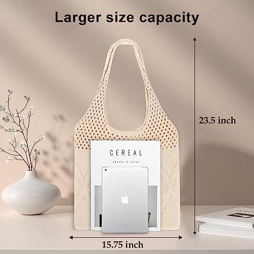 SUOSDEY Crochet Mesh Beach Tote Bag, Summer Vacation Aesthetic Knit Boho Shoulder Bag for Women light beige — view 6