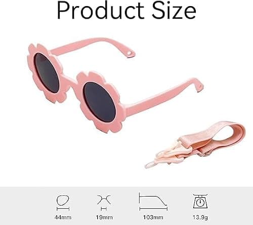 Baby Sunglasses with Strap, Flexible Polarized Baby Sunglass, UV400 Protection Cute Flower Design Glasses, Adjustable Strap for Outdoor Summer Travel Beach for Infant BabyGirl Age 0-24 Months(Pink) — view 2