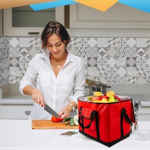 SFBSFL Large Cooler Bag, Insulated Thermal Cool Box - 30 Can Capacity Leakproof Cooler Bag for Picnic,Camping, Beach, Grocery Shopping,Food Delivery - Reusable, Foldable,Keeps Cold & Warm Red — view 5